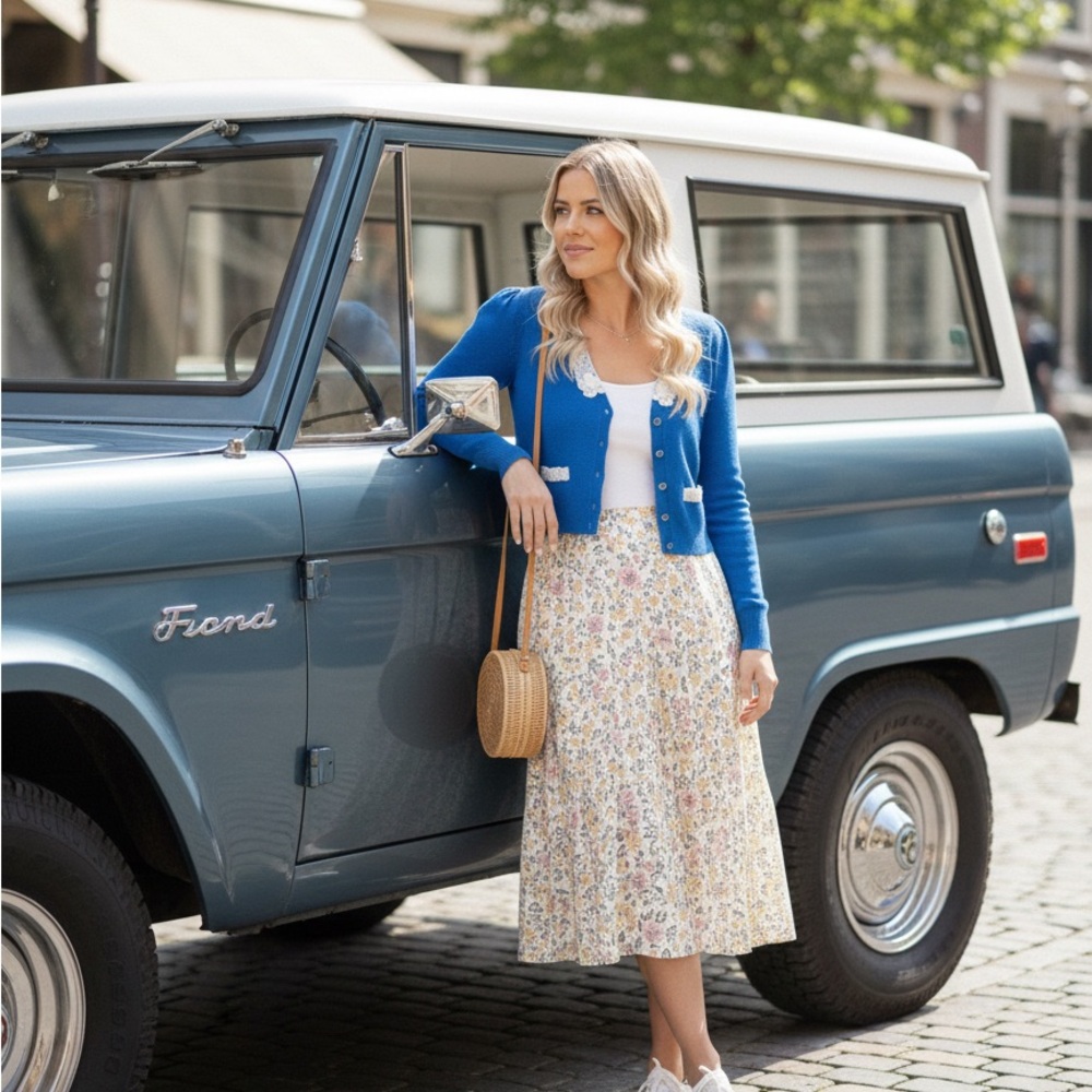 Blue Cardigan with Lace Accents